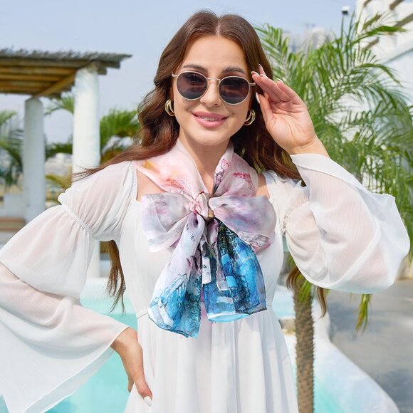 Women's Beige Fashion Lightweight Head Scarf Floral Print Chiffon Scarves - Picture 3 of 6